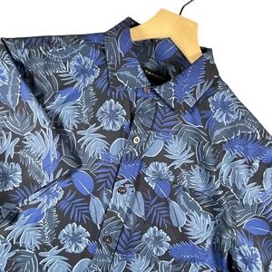 Tahari Short‎ Sleeve Button Down Shirt Mens M Blue Floral Leaf Print Slim Fit
